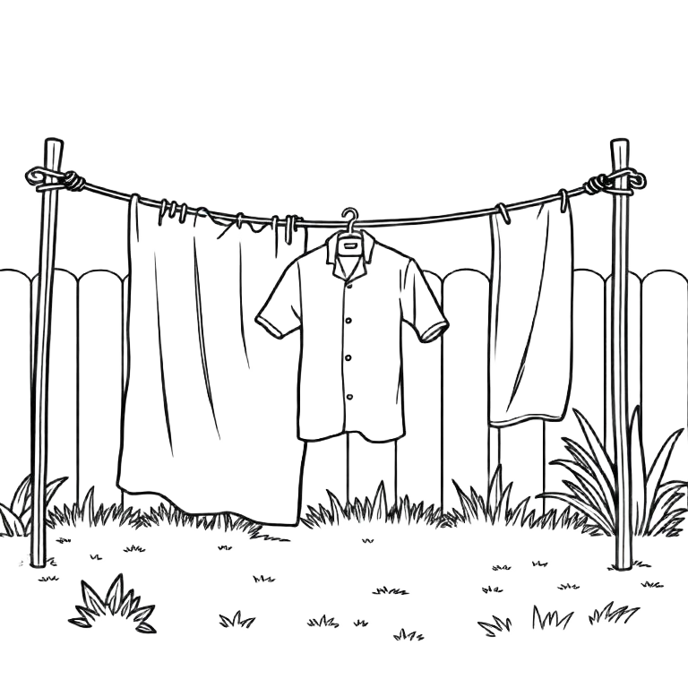 Line drawing of a backyard clothesline with sheets and a shirt hanging to dry