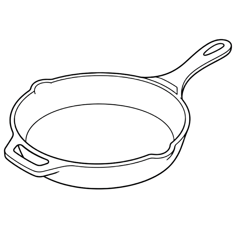Line drawing of a cast-iron skillet with a long handle