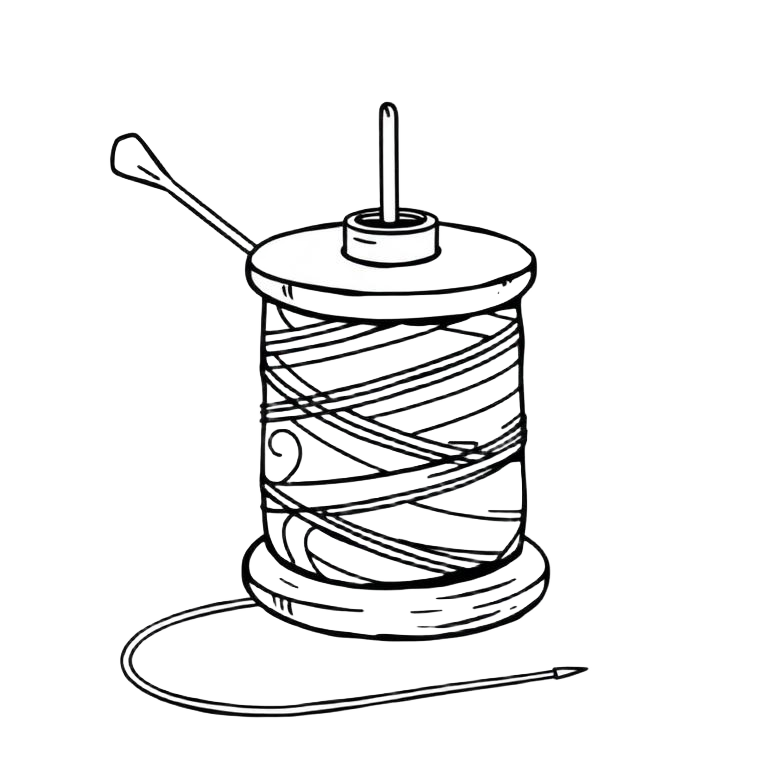 Line drawing of a wooden spool of thread with a needle