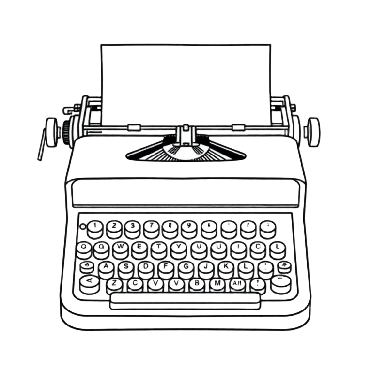 Line drawing of a manual typewriter with round keys and a blank sheet of paper